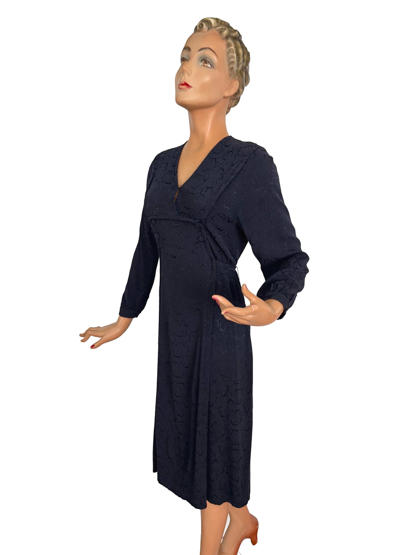 L | 1940s Navy Crepe Dress With Floral Motif