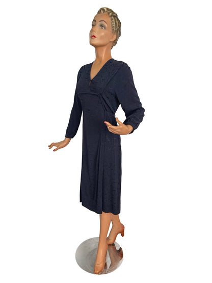 L | 1940s Navy Crepe Dress With Floral Motif