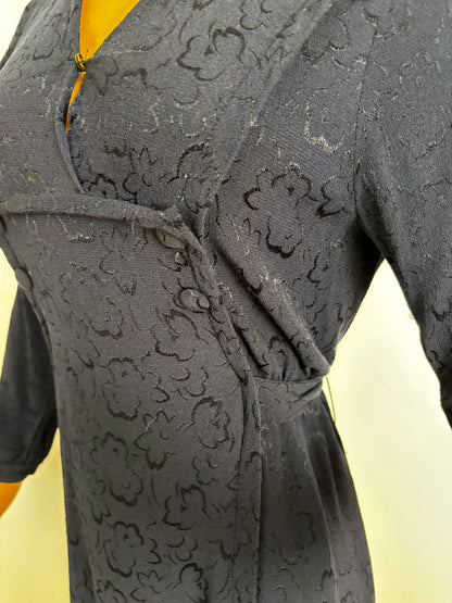 L | 1940s Navy Crepe Dress With Floral Motif