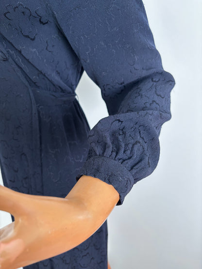 L | 1940s Navy Crepe Dress With Floral Motif