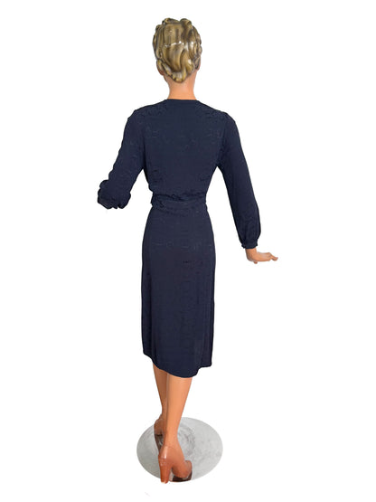 L | 1940s Navy Crepe Dress With Floral Motif
