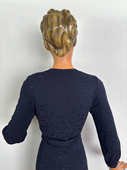 L | 1940s Navy Crepe Dress With Floral Motif