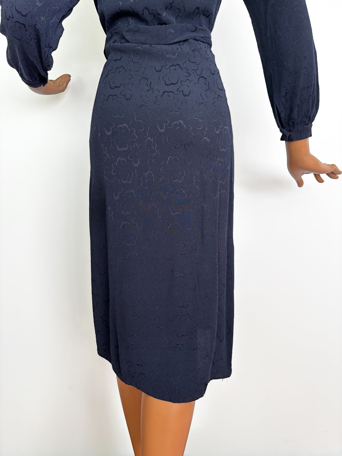 L | 1940s Navy Crepe Dress With Floral Motif