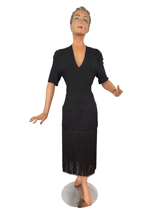 S M | 1940s New York Creation Black Crepe Fringe Evening Dress
