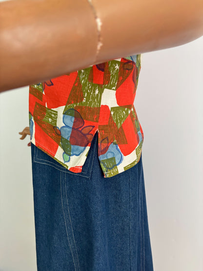 L/XL | 1950s/60s Cotton Poplin Blouse With Abstract Floral Print