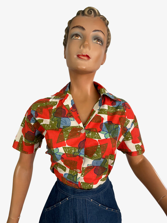L/XL | 1950s/60s Cotton Poplin Blouse With Abstract Floral Print