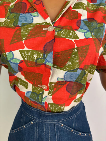 L/XL | 1950s/60s Cotton Poplin Blouse With Abstract Floral Print