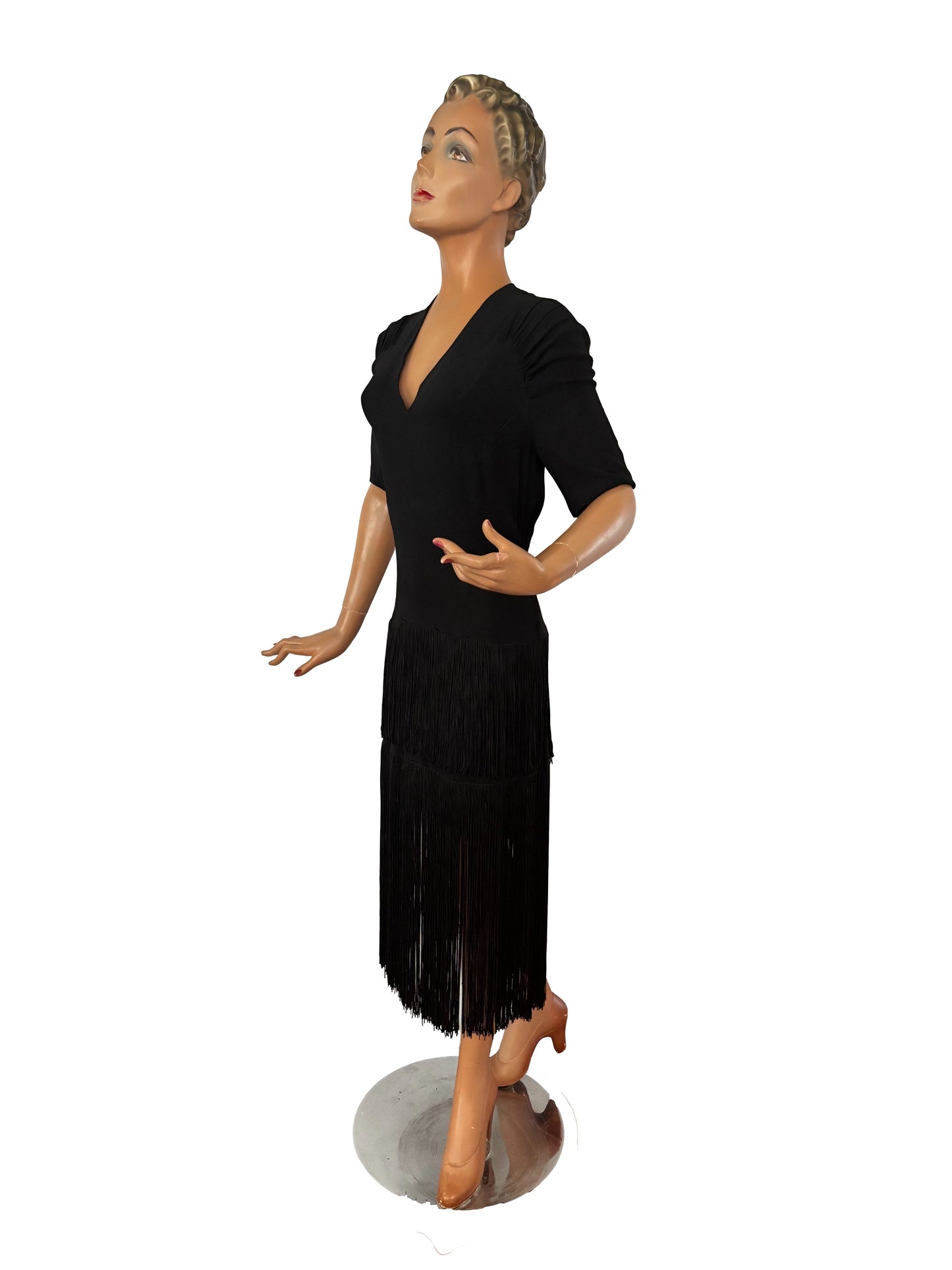 S M | 1940s New York Creation Black Crepe Fringe Evening Dress