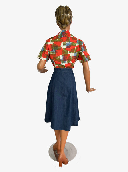 L/XL | 1950s/60s Cotton Poplin Blouse With Abstract Floral Print