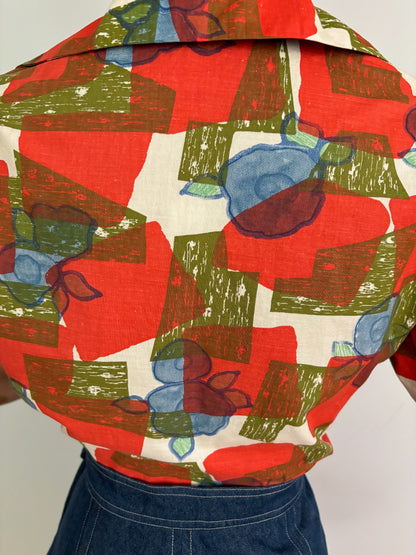 L/XL | 1950s/60s Cotton Poplin Blouse With Abstract Floral Print