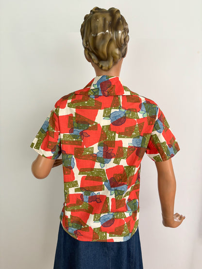 L/XL | 1950s/60s Cotton Poplin Blouse With Abstract Floral Print