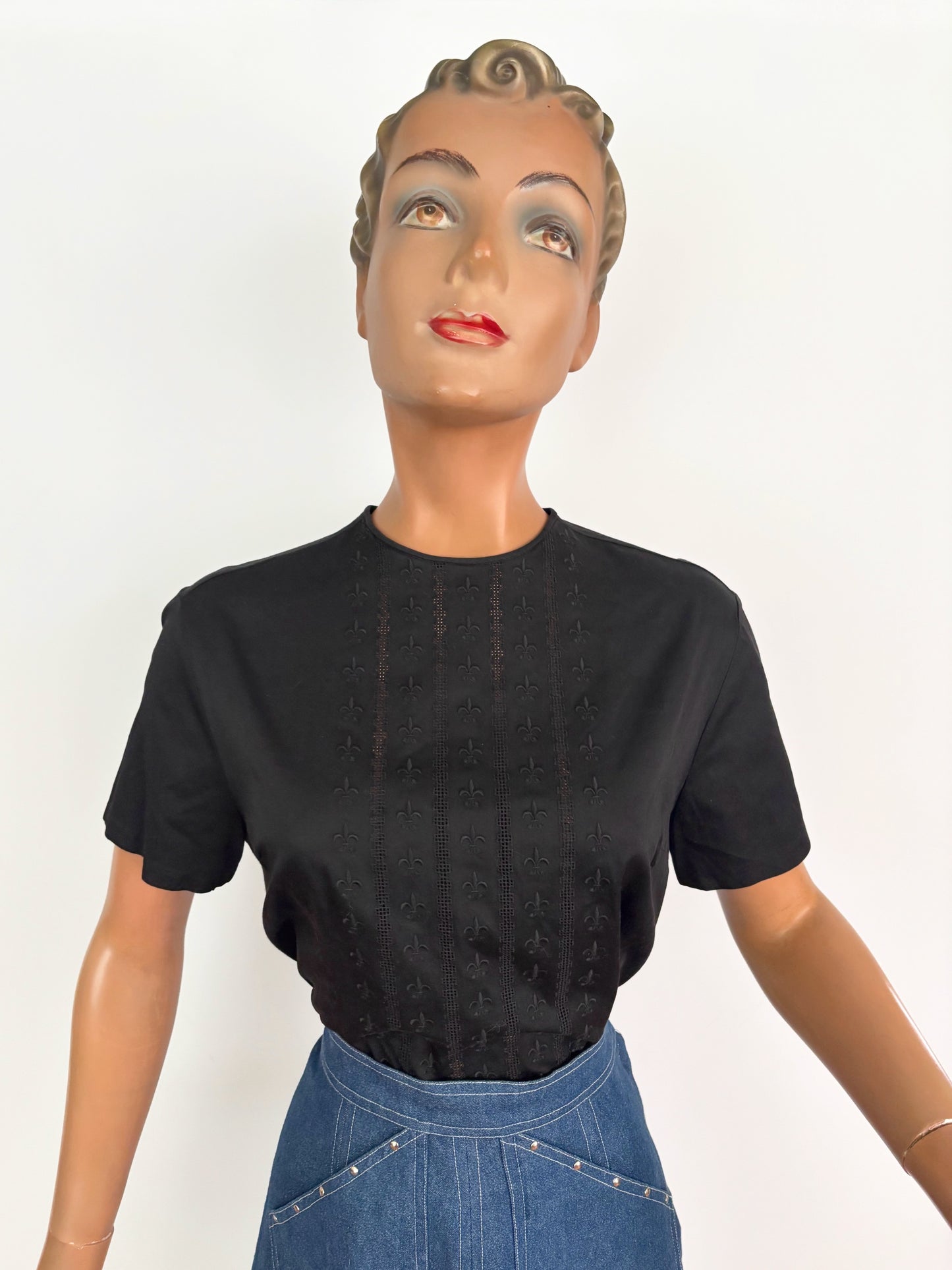 L | 1960s Embroidered Black Cotton Poplin Blouse