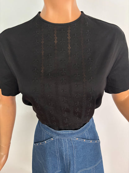 L | 1960s Embroidered Black Cotton Poplin Blouse