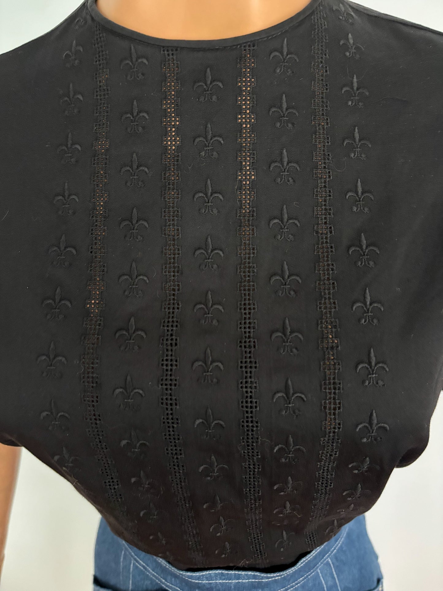 L | 1960s Embroidered Black Cotton Poplin Blouse