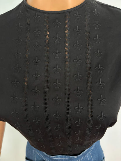 L | 1960s Embroidered Black Cotton Poplin Blouse