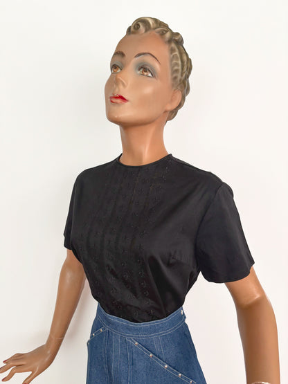 L | 1960s Embroidered Black Cotton Poplin Blouse