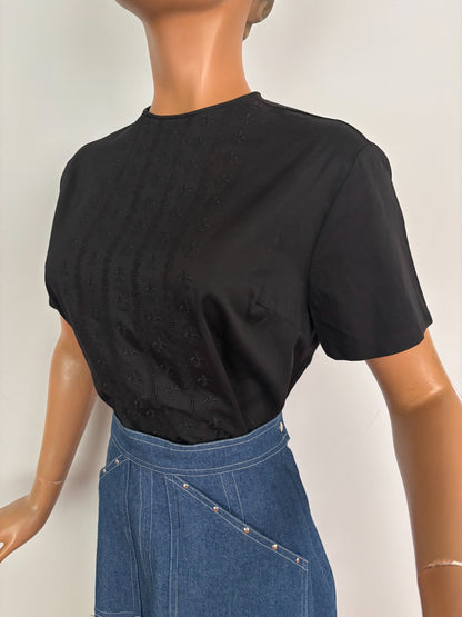 L | 1960s Embroidered Black Cotton Poplin Blouse