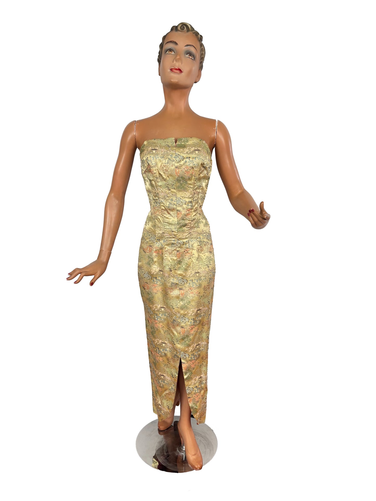 S/M | 1940s Asian Gold Brocade Strapless Dress With Pagoda And Blossom Motifs