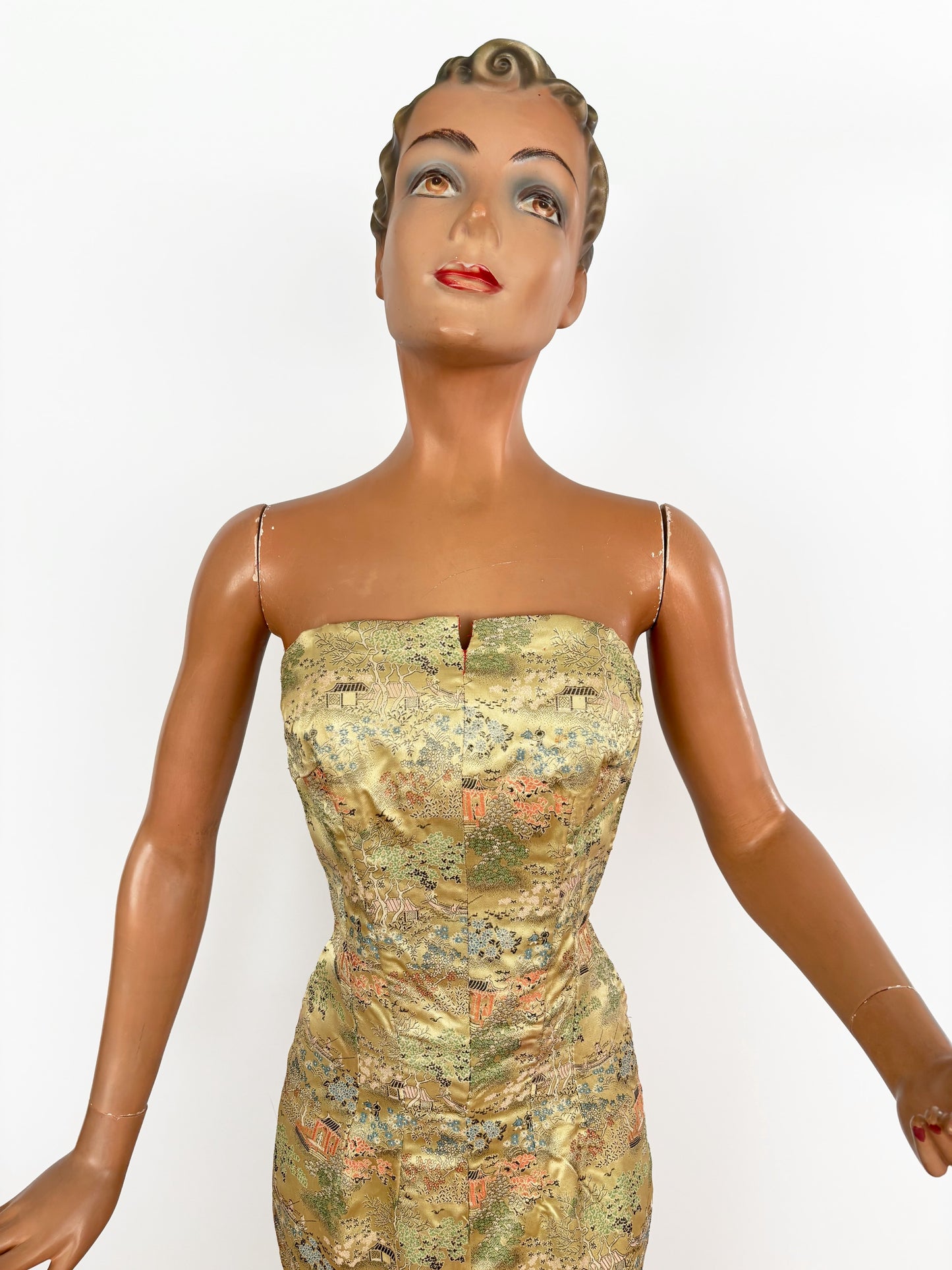 S/M | 1940s Asian Gold Brocade Strapless Dress With Pagoda And Blossom Motifs