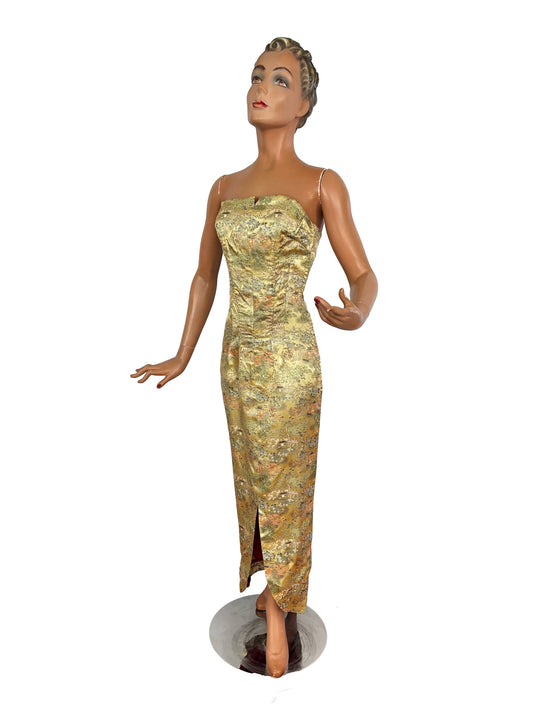 S/M | 1940s Asian Gold Brocade Strapless Dress With Pagoda And Blossom Motifs