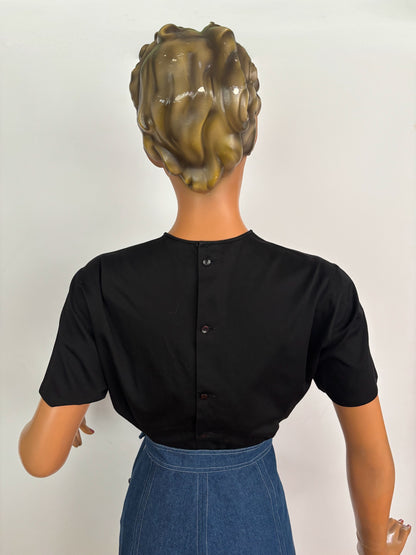 L | 1960s Embroidered Black Cotton Poplin Blouse