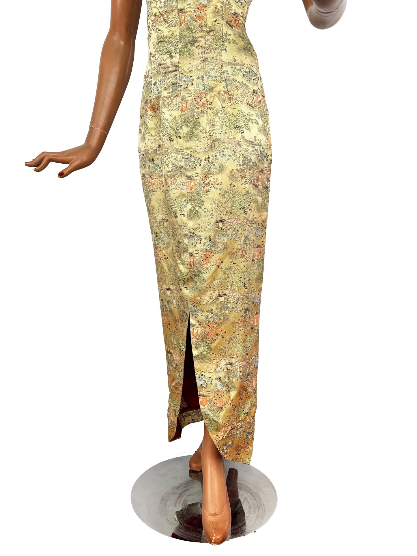 S/M | 1940s Asian Gold Brocade Strapless Dress With Pagoda And Blossom Motifs
