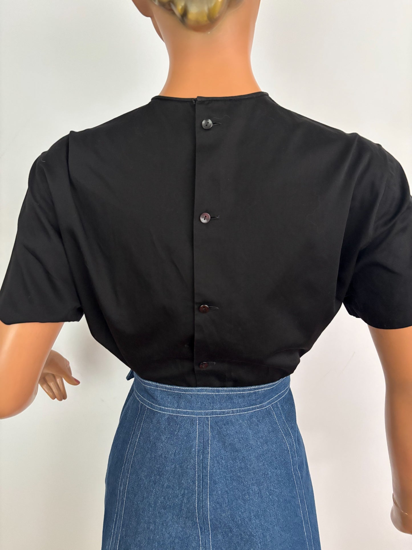 L | 1960s Embroidered Black Cotton Poplin Blouse