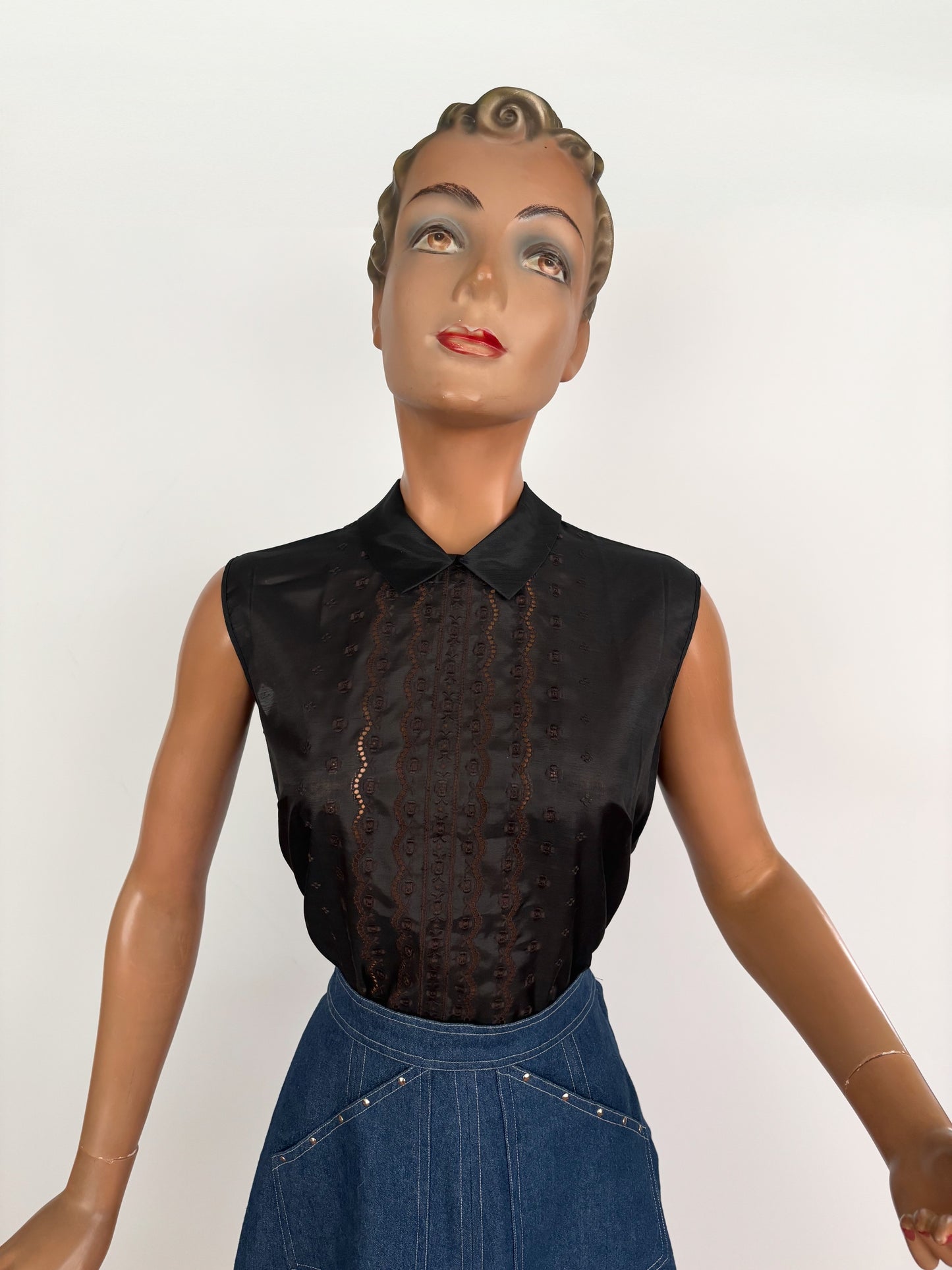 M | Deadstock 1950s/60s Black Sheer Embroidered Blouse