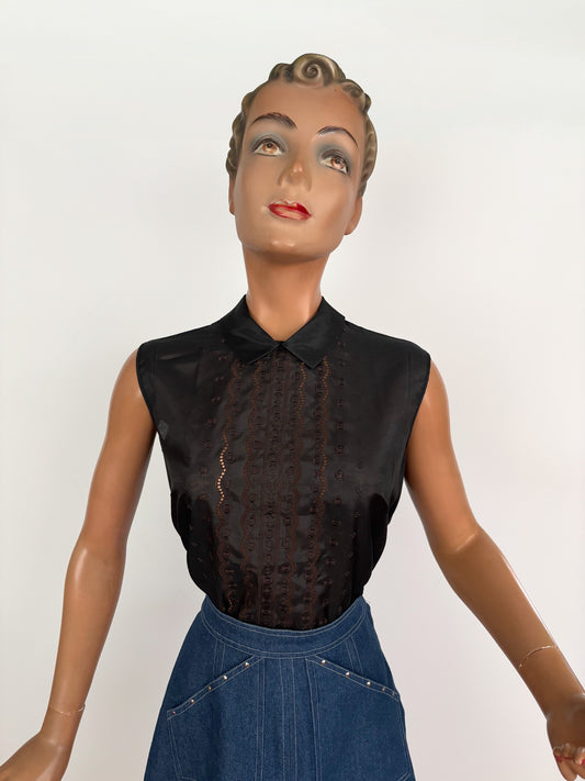 M | Deadstock 1950s/60s Black Sheer Embroidered Blouse