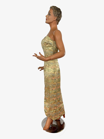 S/M | 1940s Asian Gold Brocade Strapless Dress With Pagoda And Blossom Motifs