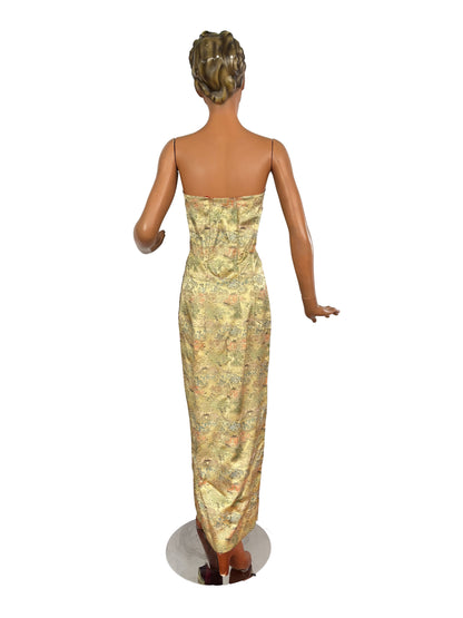 S/M | 1940s Asian Gold Brocade Strapless Dress With Pagoda And Blossom Motifs