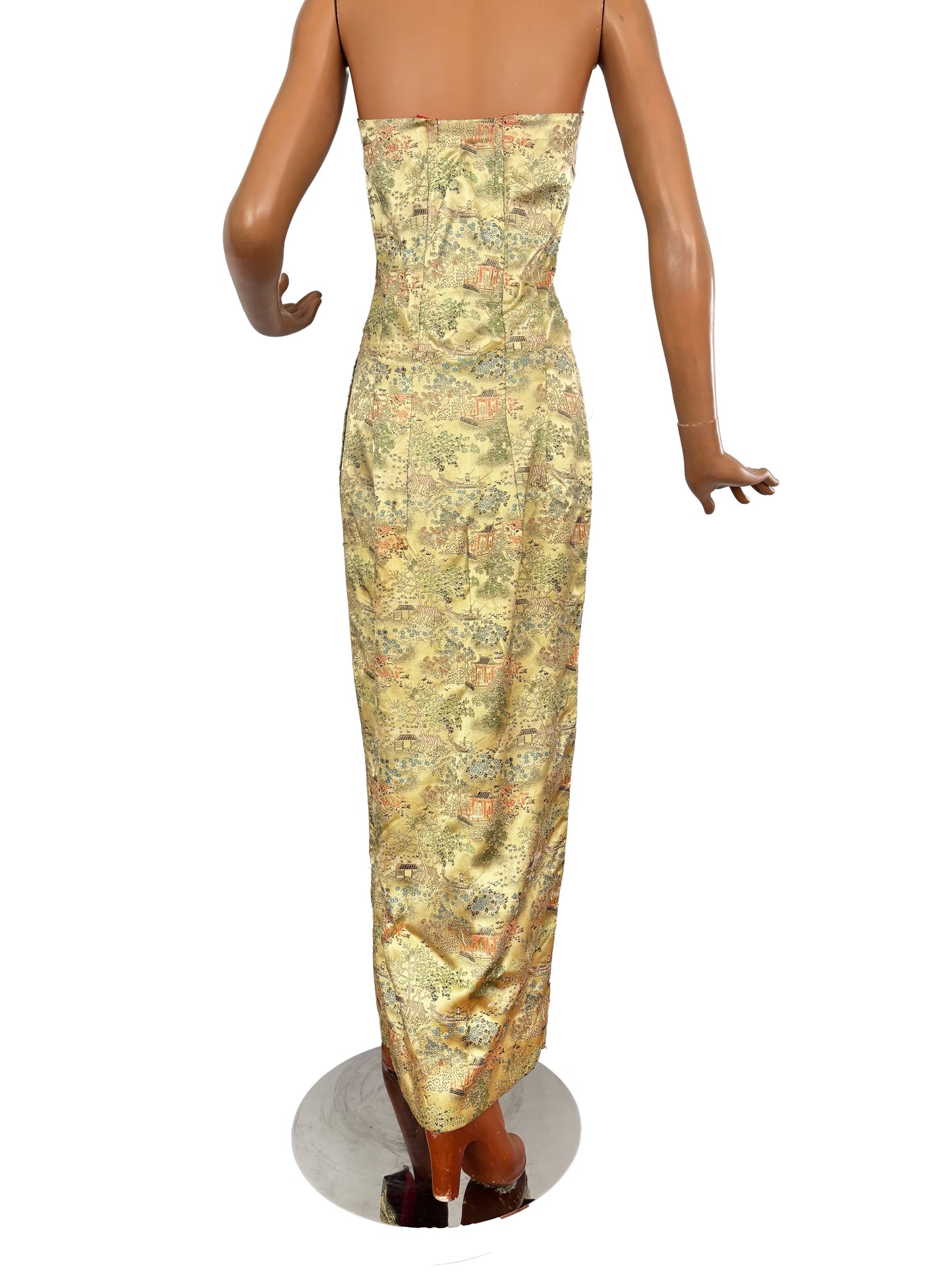 S/M | 1940s Asian Gold Brocade Strapless Dress With Pagoda And Blossom Motifs