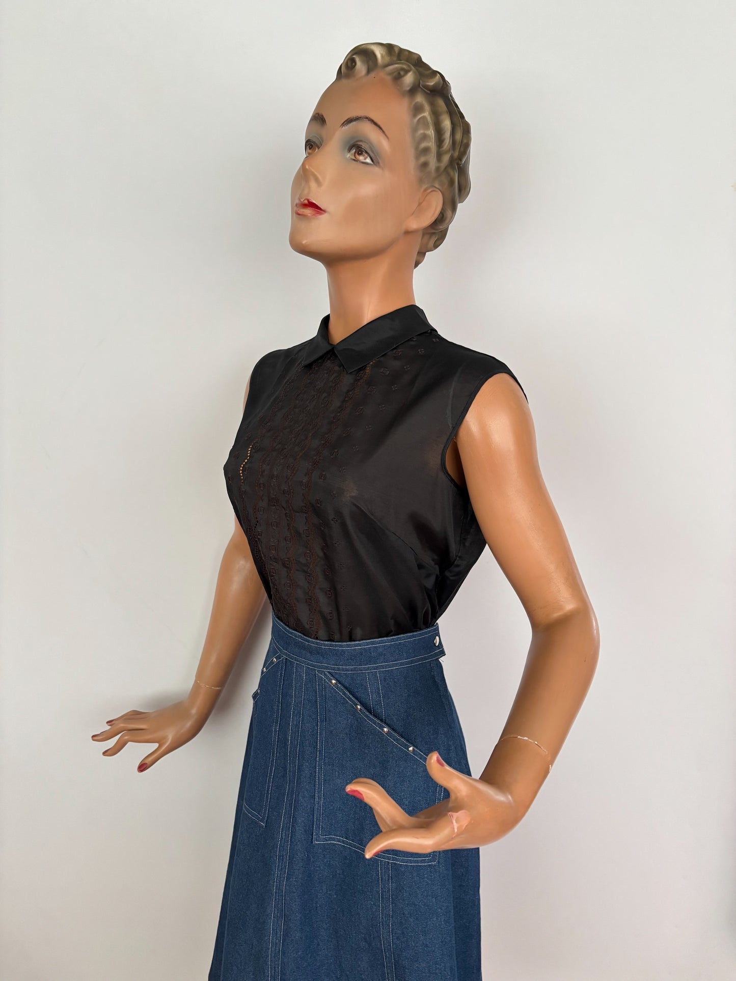 M | Deadstock 1950s/60s Black Sheer Embroidered Blouse
