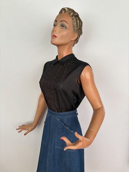 M | Deadstock 1950s/60s Black Sheer Embroidered Blouse