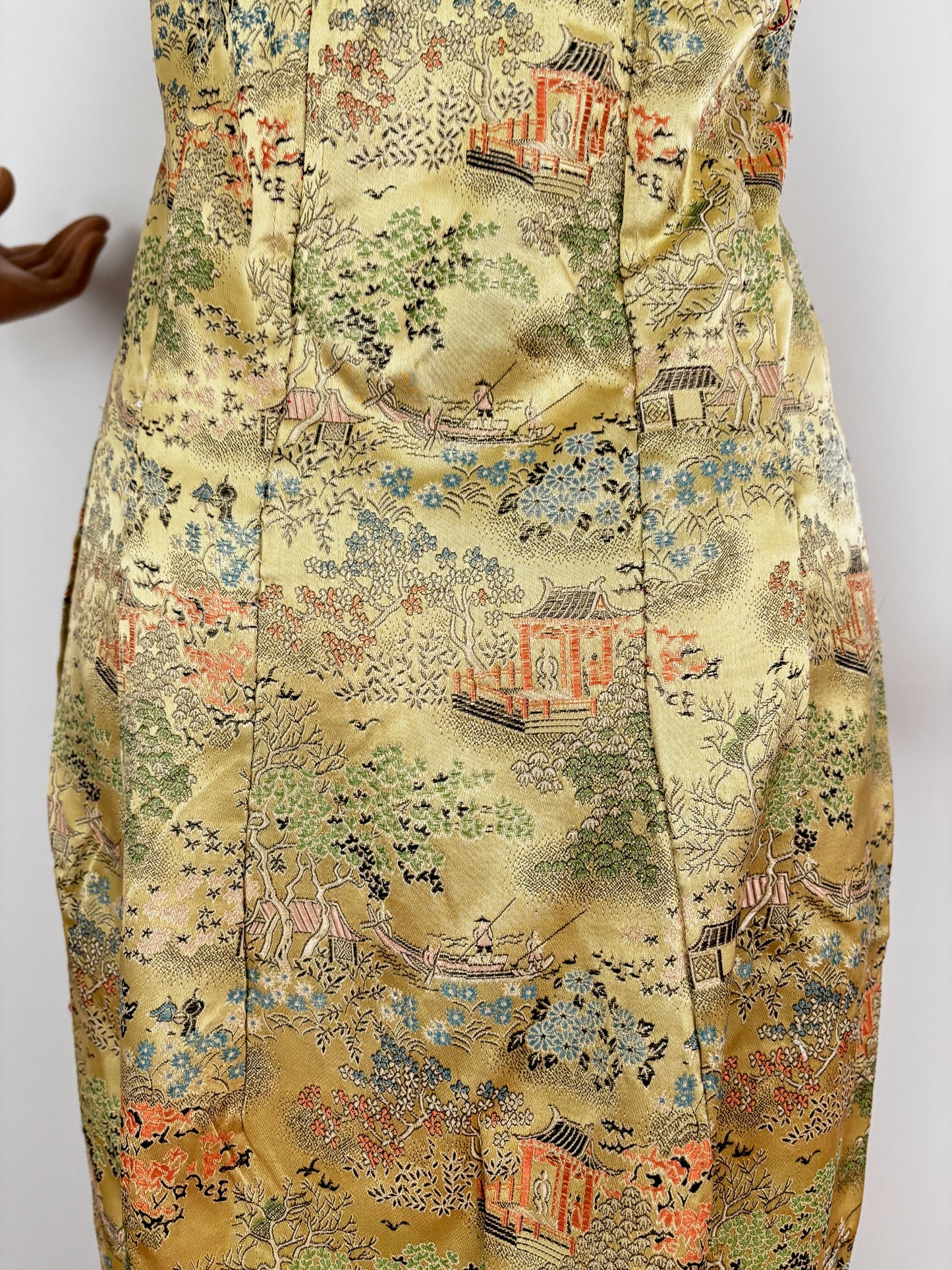 S/M | 1940s Asian Gold Brocade Strapless Dress With Pagoda And Blossom Motifs