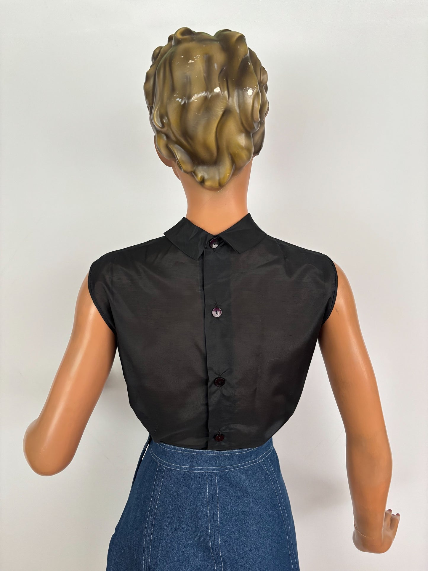M | Deadstock 1950s/60s Black Sheer Embroidered Blouse