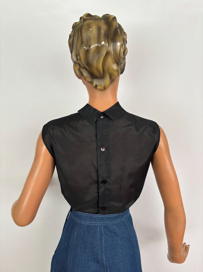 M | Deadstock 1950s/60s Black Sheer Embroidered Blouse