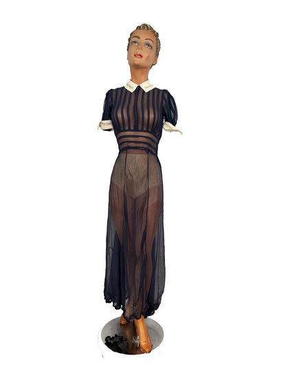 XXS | 1920s 30s Navy Blue Sheer Organza Dress With White Collar And Cuffs