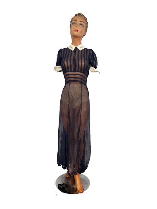 XXS | 1920s 30s Navy Blue Sheer Organza Dress With White Collar And Cuffs