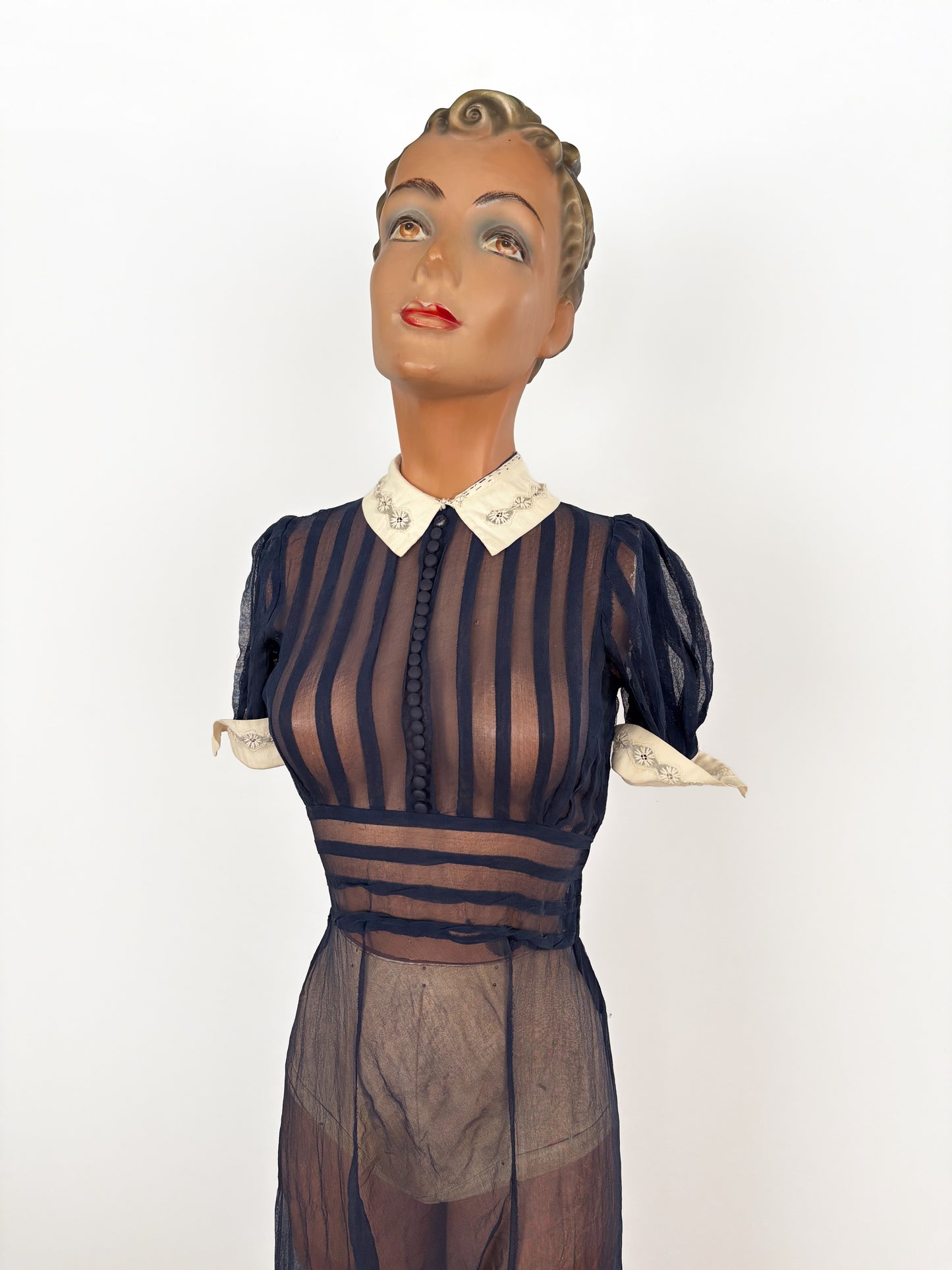 XXS | 1920s 30s Navy Blue Sheer Organza Dress With White Collar And Cuffs