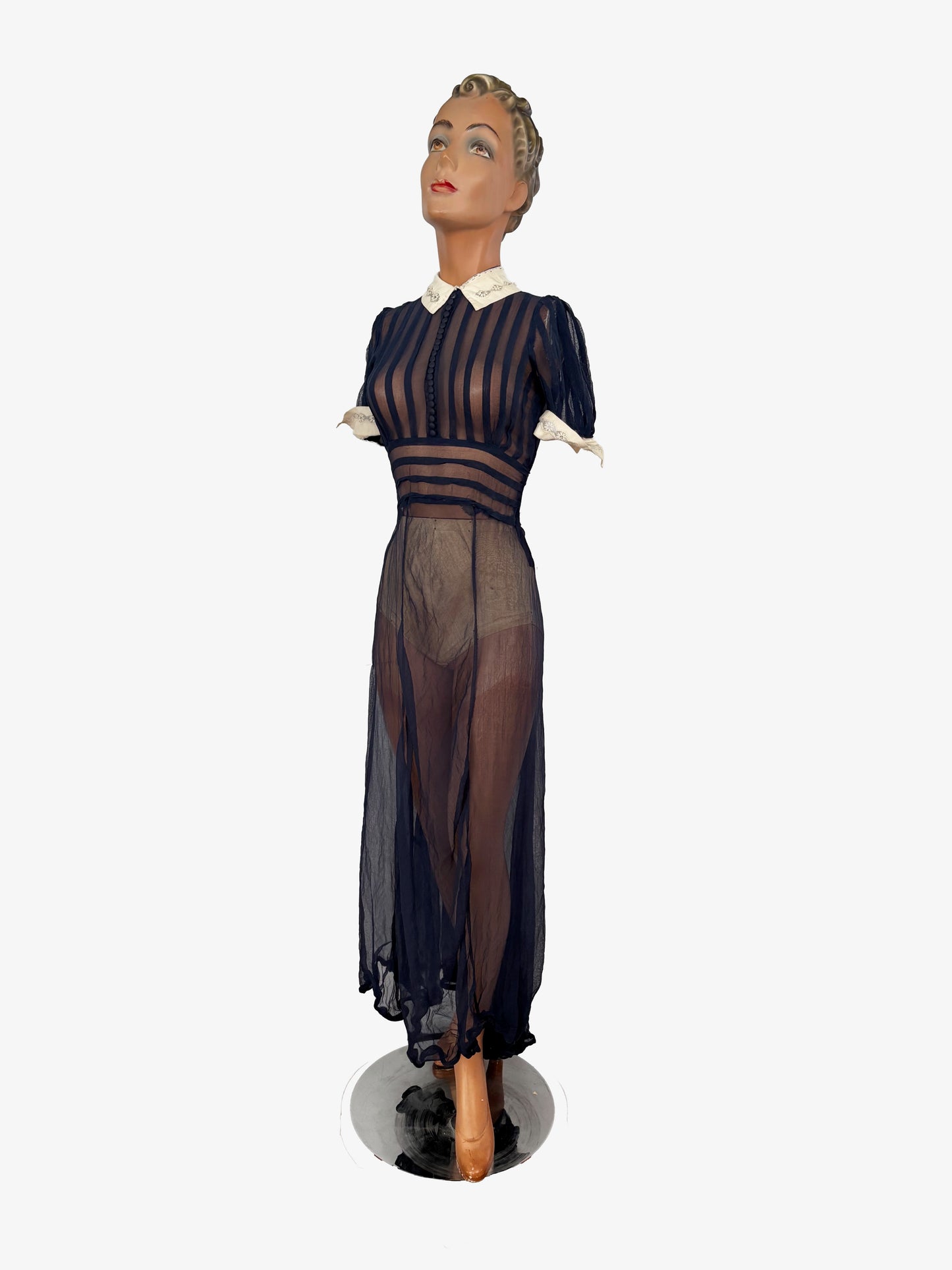 XXS | 1920s 30s Navy Blue Sheer Organza Dress With White Collar And Cuffs