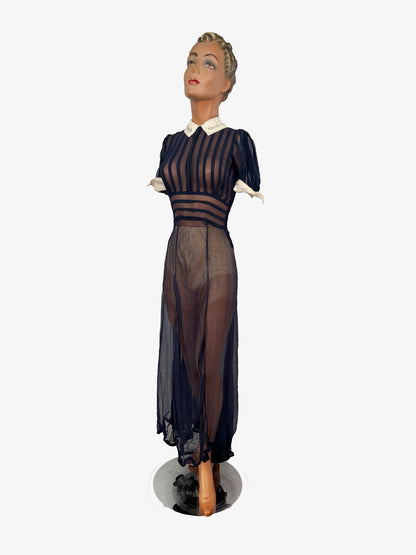 XXS | 1920s 30s Navy Blue Sheer Organza Dress With White Collar And Cuffs