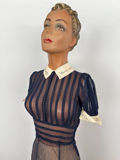 XXS | 1920s 30s Navy Blue Sheer Organza Dress With White Collar And Cuffs