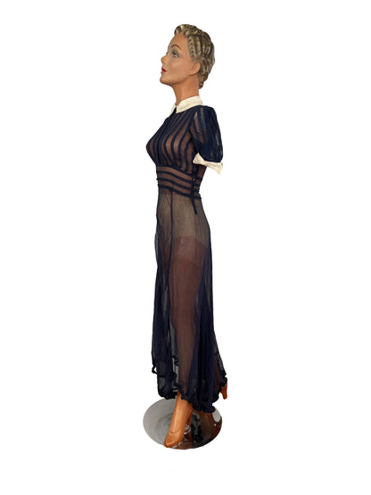 XXS | 1920s 30s Navy Blue Sheer Organza Dress With White Collar And Cuffs