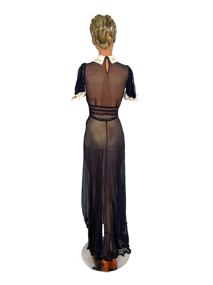 XXS | 1920s 30s Navy Blue Sheer Organza Dress With White Collar And Cuffs