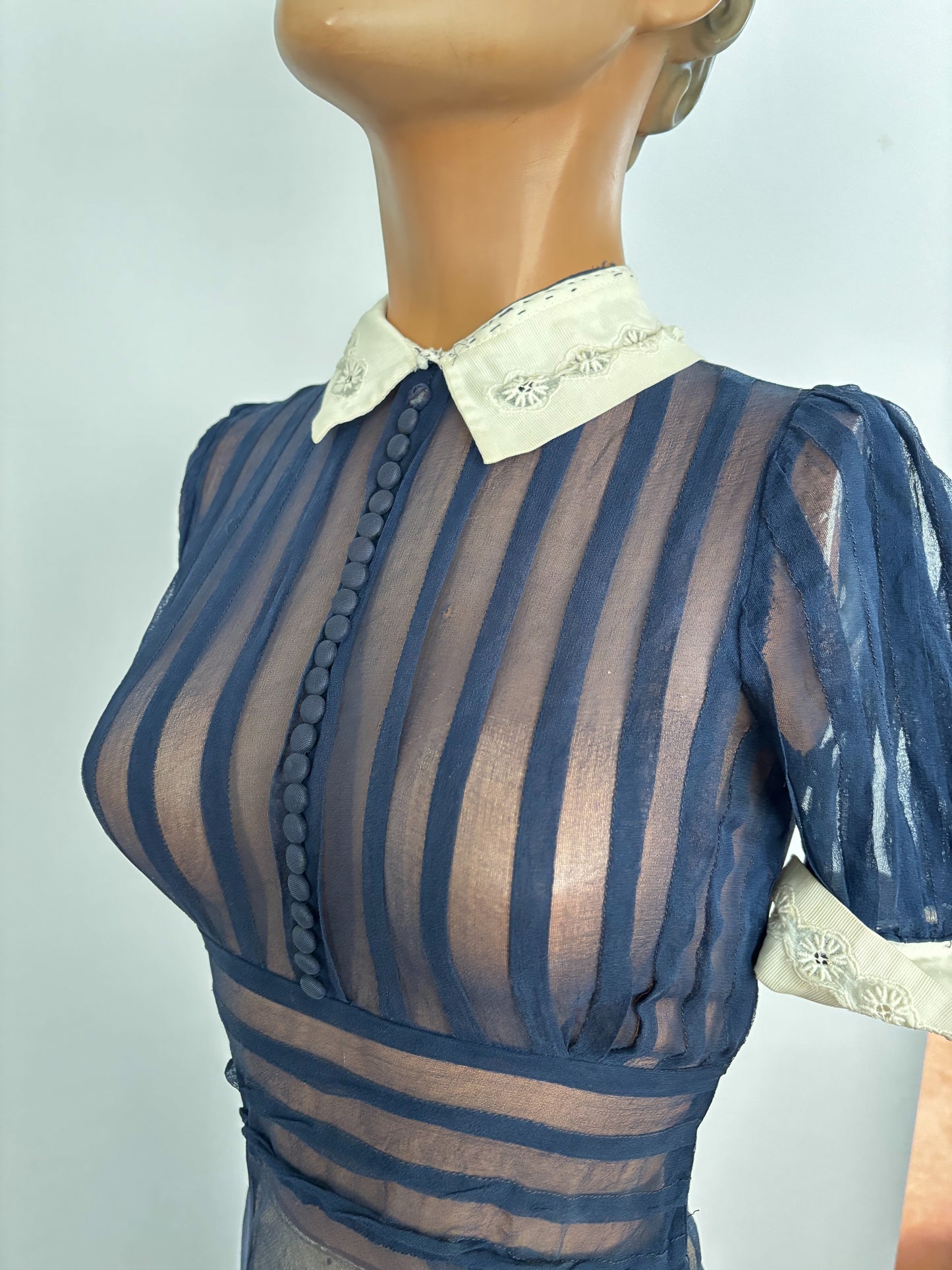 XXS | 1920s 30s Navy Blue Sheer Organza Dress With White Collar And Cuffs