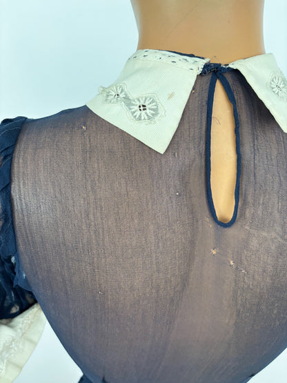 XXS | 1920s 30s Navy Blue Sheer Organza Dress With White Collar And Cuffs