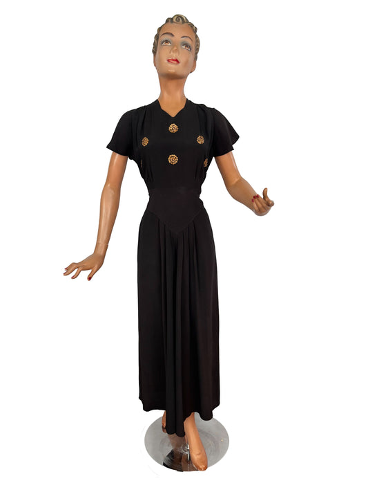 S | 1940s Black Crepe Dress With Gold Sequin Bodice and Cape Sleeves