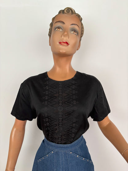 XL | 1960s Black Cotton Embroidered Blouse