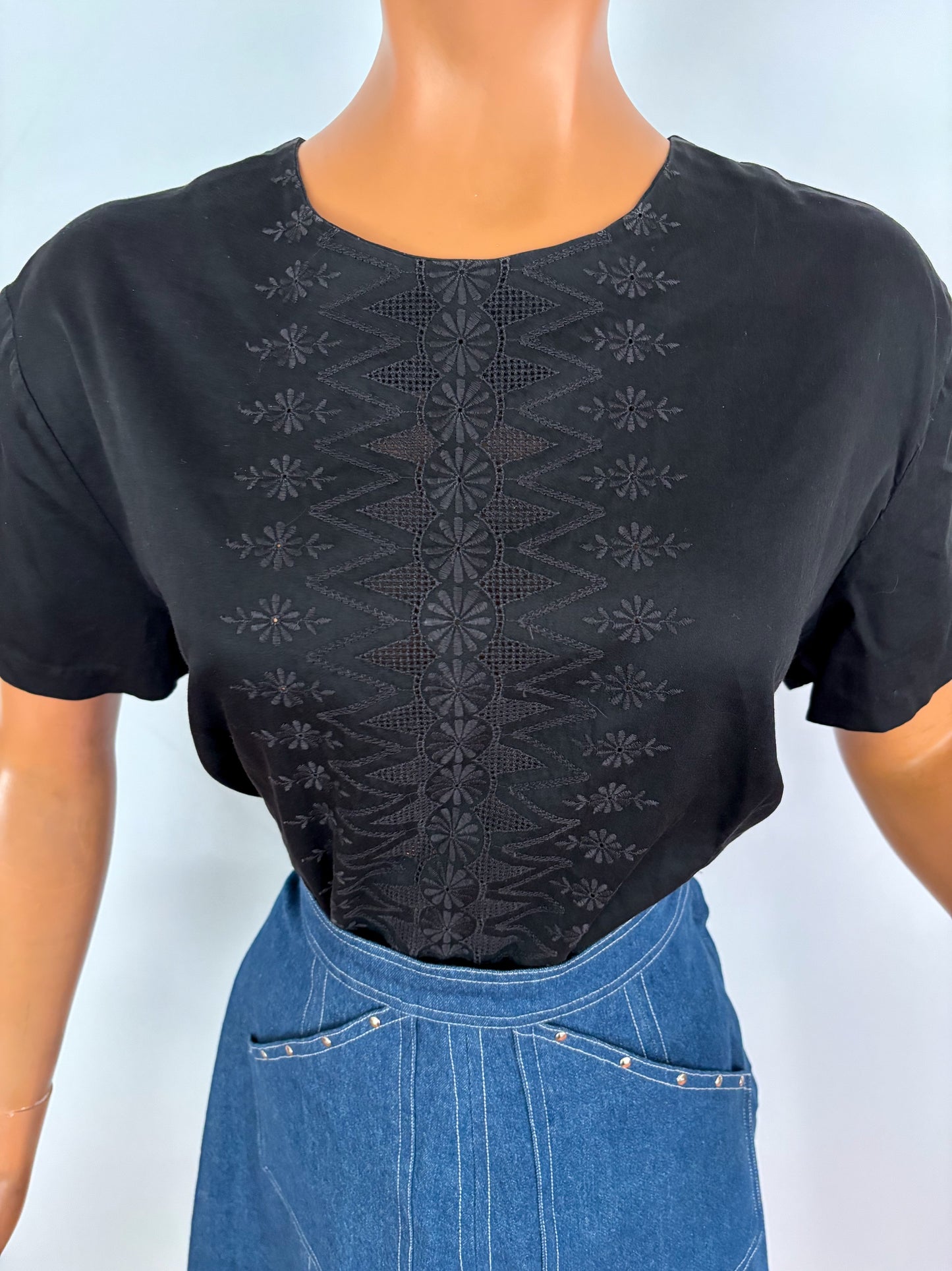 XL | 1960s Black Cotton Embroidered Blouse